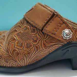 ARIAT Brown Embossed Tooled Leather Clogs Mules Booties, Women's